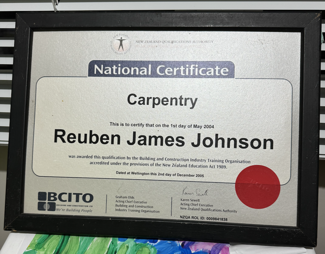 NZQA Carpentry Certificate - Reuben Johnson